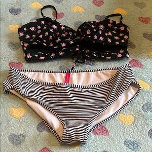 PINK Victoria's Secret Black Floral and Striped Bikini
